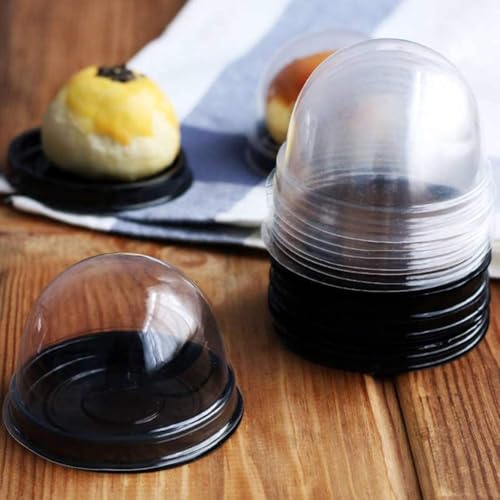 100 Pcs Transparent Round Cake Boxes Plastic Dome Bakery Container for Mooncake Cheese (Black Tray)