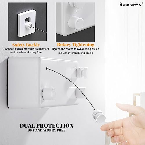 Beauenty Retractable Clothesline, Stainless Steel Wall Mounted Clothes Dryer, 4.2m Heavy Duty Adjustable Double Wire Rope, Round and No Punching, Polished Chrome Finish (White)