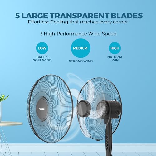 Nikai 16 Inch Pedestal Fan, 45 Watts Power, T" Class Motor, High-Performance Copper Motor, Wide Angle Oscillation, 5 Leaf "AS" Blades, 3 Speeds, Energy-Efficient, Ideal for Home & Office - NPF1631T