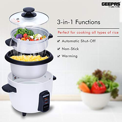 Geepas 1.5L Rice Cooker/Steamer with Non-Stick Cooking Pot | 500W | Automatic Cooking, Steam Vent Lid & Simple One Touch Operation |Make Rice, Steam Healthy Food & Vegetables | 2 Year Warranty