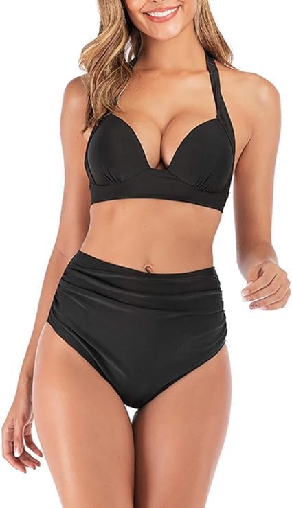 Women Two Piece Vintage Bikini Set Printed/Solid Swimsuit Tummy Control Bikini Bathing Suits High Waist Swimwear Set