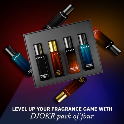 DJOKR Perfume Gift Set for Men Pack of 4x20 ML | Eau De Parfum | Premium Luxury Long Lasting Fragrance Spray | Signature, On The Rocks, Oud Wood, Marine (4x20 ml)