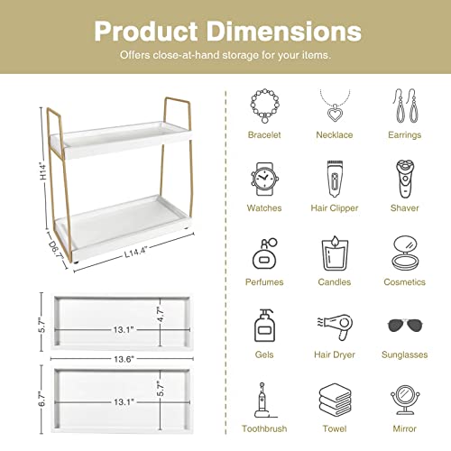 Forbena Bathroom Organizer Countertop, Counter Organizer for Bathroom Decor, Wooden Sink Shelf for Vanity Storage, Makeup Tray for Perfume Skincare Bedroom Kitchen Corner (2 Tier, White and Gold)