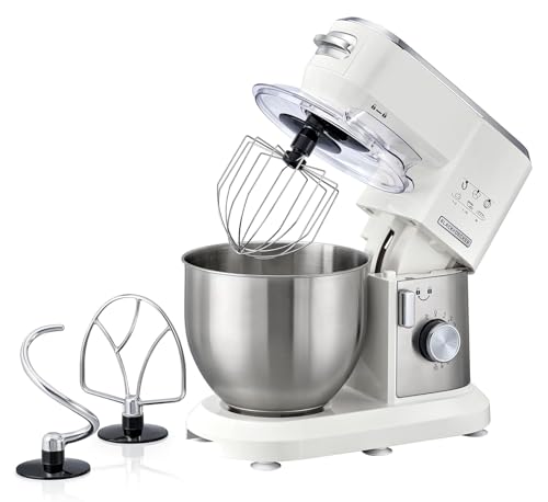 BLACK+DECKER Stand Mixer, 1000W, 6L Stainless Steel Bowl, 10 Speeds + Pulse, Planetary Action, Dough Hook, Beater, Whisk Attachments, Tilt Head, for Baking and Kneading, White - MKM100-B