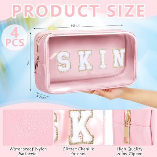 Pinkunn 4 Pcs Preppy Makeup Bags Christmas Chenille Letter Bag Face Skin Hair Stuff Cosmetic Bag Corduroy Makeup Pouch with Zipper Birthday Gifts for Women(Purple, Pink, White, Blue,Corduroy)