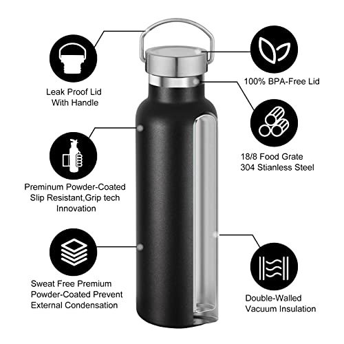 Volhoply Stainless Steel Water Bottles,600 ML Vacuum Insulated Double Wall Travel Bottle with Leak Proof Lid of Handle,Metal Reusable Standard Mouth Flask for School,Hikers