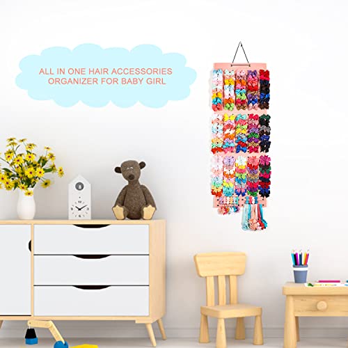 CLYMENE Hair Bows Organizer for Girls, Hair Clip Bows Holder Organizer with 27 Ribbons Large Capacity Storage, Girl Bows Hanger Hair Accessories for Room Wall Door Decor