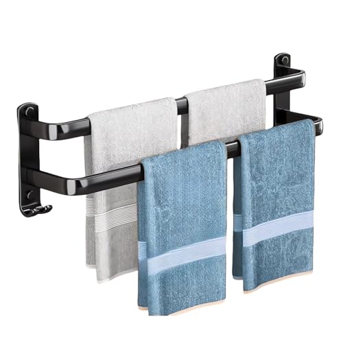 Fohome Towel Bar, Self-Adhesive Towel Rack with Hooks, 2 Rod Towel Holder for Bathroom, 16 Inch Wall Mounted Towel Hanger for Bathroom, Kitchen, Shower (Black)