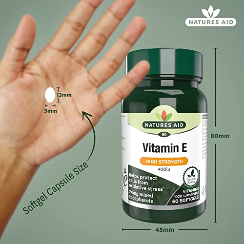 Natures Aid Vitamin E High Strength 400iu | 60 Softgels | Helps Protect Cells from Oxidative Stress | 24mg Mixed Tocopherols