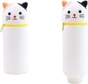 Bukela Kawaii Pencil Case 2-in-1 Silicone Pen Holder Soft Silicone Bag Dot Cat Design Pencil Case for Pencils Pen Storage for Girls and Boys Foldable and Waterproof White Dot Cats