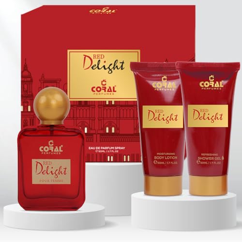 Coral Red Delight Pour Femme Gift Set For Women | Eau de Parfum, Body Lotion & Shower Gel (50ml Each) | Elegant Women's Fragrance Set | For All Occasions