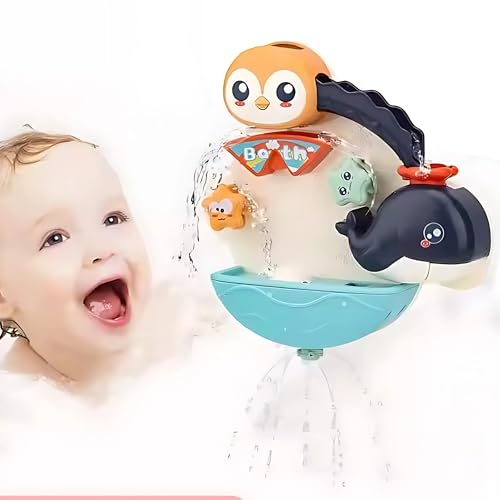 Twisoo Animal Bath Toy Set for Babies – Penguin Waterfall Bathtub Toys with Spinners & Sea Animals, Wall Water Shower Toy for Toddlers, Fun Bath Time Play, 3M+ (Blue)