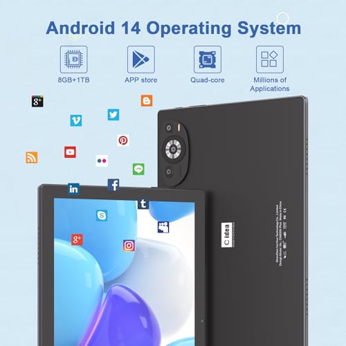 C idea10.1 Inches Tablet,Android 14 Tab,5G Tablet Dual SIM 8GB RAM 1TB ROM,10000mAh Battery With Bluetooth Keyboard,Mouse and Speaker CM8200plus (Black)