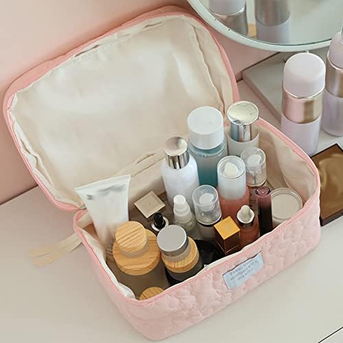 Juoxeepy Cotton Makeup Bag Large Travel Cosmetic Bag Quilted Cosmetic Pouch Coquette Aesthetic Floral Toiletry Bag, A-White, 10x5.9x5.3in