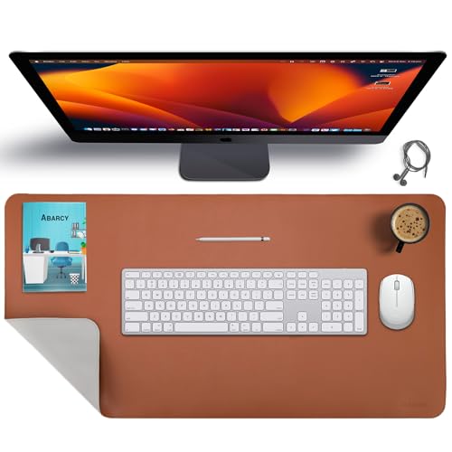 Abarcy Dual-Sided Leather Mouse Pad - 2XL Waterproof Desk Mat, 80x40 cm, Non-Slip, Stitched Edges, Multi-Use, Gaming & Office Mousepad - Brown & Grey, Portable, Ergonomic Design for Smooth Movement