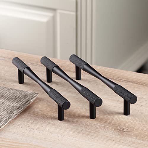 CILEYTION 10 Pack Flat Black Drawer Pulls , 5 Inch Hole Centers Black Knurled Cabinet Handles, Solid T Bar Black Handles for Cabinets and Drawers