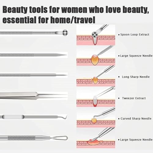 6 PCS Blackhead Remover Comedone Extractor Acne Needle Tools Set Professional Stainless Blackhead Tweezer Kit Removing Whitehead Popping Zit for Nose Face Skin Blemish Treatment Pimple Popper Tool Kit