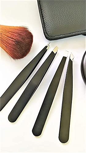 tweezer Professional 4 Piece Stainless Steel Tweezer Set With Leather Bag Case for eyebrow and Eyelash tweezer