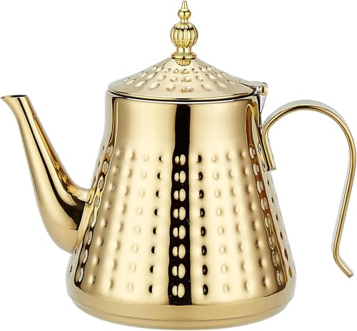SANQIAHOME 1.2L(40oz) Stainless Steel Hammer Patterned Teapot With Removeable Infuser,Loose leaf cover,Gold