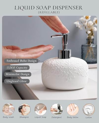 ANTIS'S HOME Bathroom Accessories Set with Embossed Design 4PCS, Ceramic White Bathroom Accessory Set, 1Pcs Bathroom Soap Dispenser 14oz, 2Pcs Tumbler Cup, 1Pcs Soap Dish,