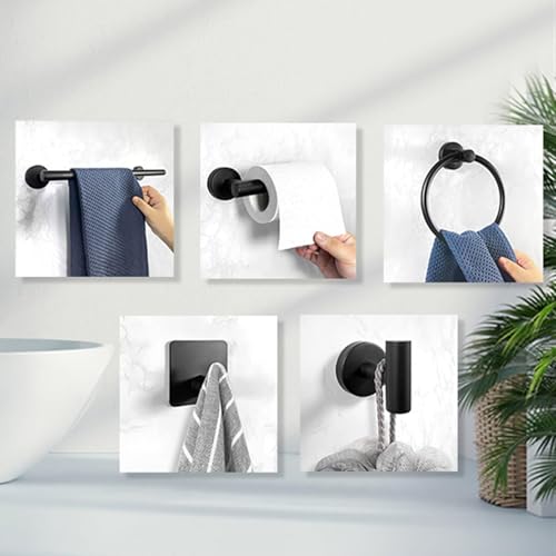 THE WHITE SHOP 14 Pcs Bath Towel Bar Set, Matte Black Stainless Steel Bathroom Hardware Set Matt Black Towel Holder Kit Hand Towel Holder Towel Ring Robe Hooks Water-Resistant, Rust-Resistant