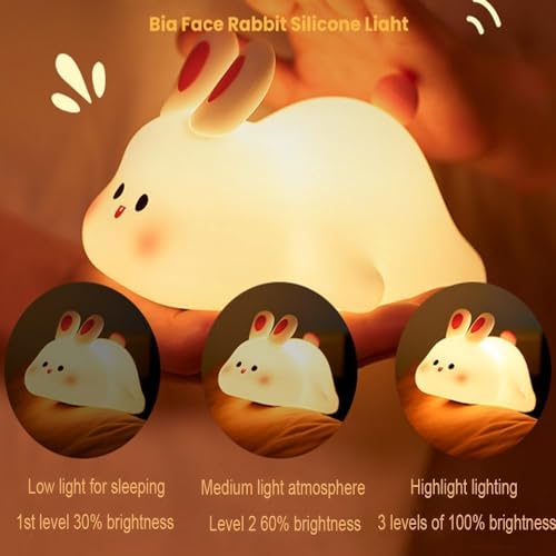 LUYAO Big Face Rabbit Light, 2024 New Cute Silicone USB Rechargeable Night Lamp, 3 Modes Adjustable Brightness Rabbit Silicone Light for Kids Gift