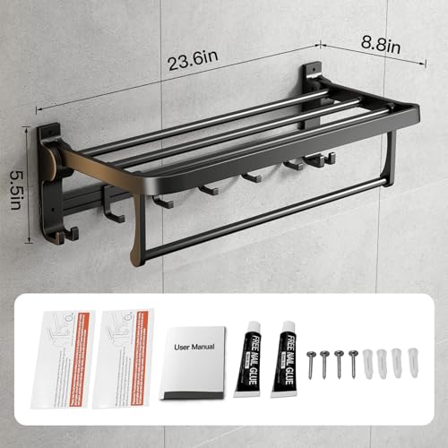 TERRIFI 60 cm Foldable Towel Rack withTowel Bar, Wall-Mounted Towel Shelf, Matte Black, Rustproof, Drillable, with Movable 5 Hooks, for Bathroom Lavatory Storage