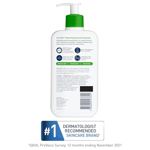 CeraVe Hydrating Facial Cleanser | Moisturizing Non-Foaming Face Wash with Hyaluronic Acid, Ceramides and Glycerin | Fragrance Free Paraben Free | 16 Fluid Ounce