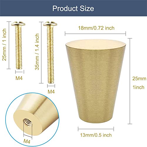 SYOSI 4Pcs Solid Brass Knobs, Brushed Gold Pure Copper Cone Decorative Mid-Century Modern Style Handles for Kitchen Cabinet Drawer Dresser, Modern Furniture Hardware with Screws