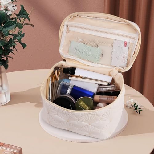 Quilted Cotton Makeup Pouch, Coquette Quilted Toiletry Bag for Women and Girls, Floral Coquette Organizer Bag, Aesthetic Travel Cosmetic Bags (White Shells Drawstring)