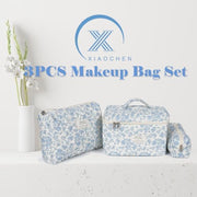 xiaochen 3PCS Makeup Bag Set,Cotton Quilted Makeup Bag,Floral Large Travel Cosmetic Bag,Flower Travel Toiletry Bag, Cute Aesthetic Toiletry Bag for Women Girls