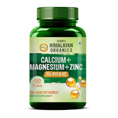 Himalayan Organics Calcium Magnesium Zinc Vitamin D3, B12 & K- 120 Vegetarian Tablets I Supplement for Women and Men, For Bone Health & Joint Support
