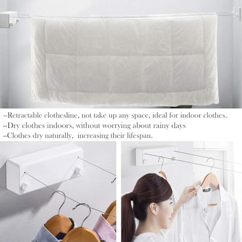 Retractable Clothesline Indoor Outdoor, ABS Case??? Dryer Clothes Line with Adjustable 4.2m Stainless Steel Double Rope, 30kg Load-bearing, Invisible Wall Mounted Laundry Drying Rack (White)