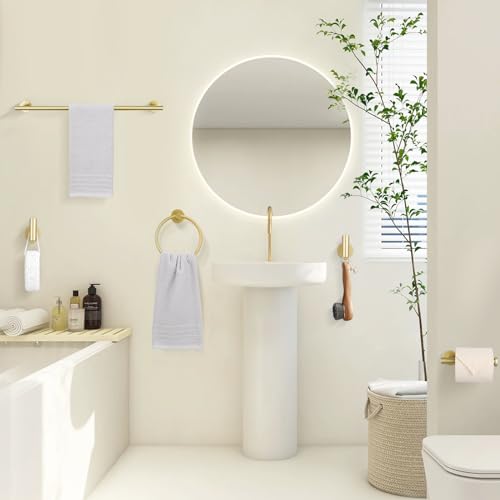 TURS Brushed Gold 5 Piece Bathroom Hardware Set, SUS304 Stainless Steel 24 Inch Bath Towel Bar Set, Round Bathroom Accessories Set Wall Mounted