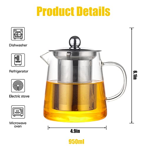 TAPIT 950ml Glass Teapot with Infuser, Borosilicate Glass Tea Kettle for Loose Leaf Tea, Transparent Teapot with Stainless Steel Removable Infuser,Microwavable and Stovetop Safe (950ml-Round)