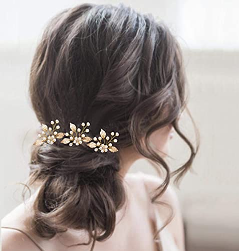 Excefore Pearl Bride Wedding Hair Pins, 3Pcs Leaf Bridal Head Piece Flower Hair Accessories for Women and Girls