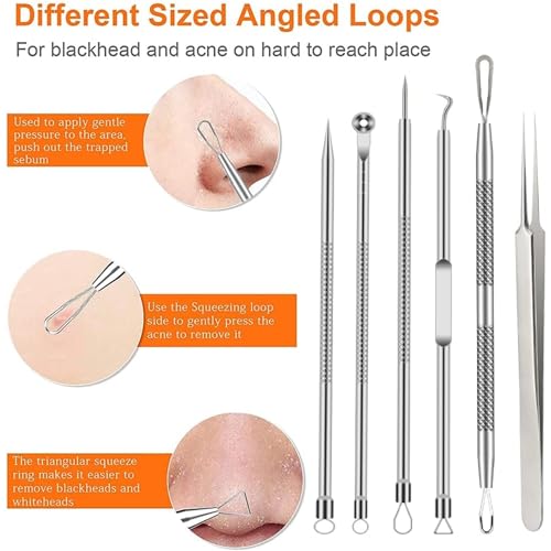 6 PCS Blackhead Remover Comedone Extractor Acne Needle Tools Set Professional Stainless Blackhead Tweezer Kit Removing Whitehead Popping Zit for Nose Face Skin Blemish Treatment Pimple Popper Tool Kit