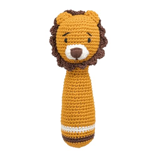 The MOON Brand Handcrafted Crochet Knitted Loop Rattle – Ultra-Soft Newborn Baby Plushie | Adorable Newborn knitted Prop, Plushie & Mini Toy | Safe, Non-Toxic, BPA-Free- Lion
