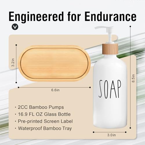 MOMEEMO White Soap Dispenser Bathroom Set, Bathroom Soap Dispenser Set with Glass Soap Dispenser, Bamboo Pumps & Tray. Soap and Lotion Dispenser Set Suitable for Bathroom Accessories Decor. (White)