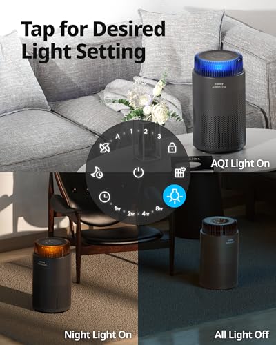 COWAY Air Purifier for Bedroom Home Up to 810 Ft, True HEPA Filter for Smoke, Allergies, Pet Dander Oder, AQI, Auto & Sleep Mode, Timer, Filter Indicator, Night Light, 3yr Warranty, Airmega 100, BLACK