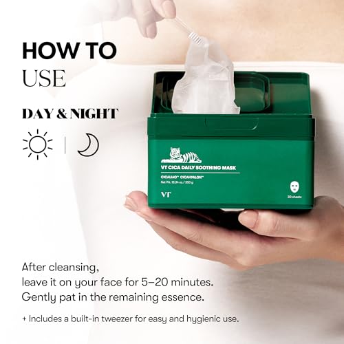 VT COSMETICS Daily Soothing Mask 30ea | Facial Sheet Mask for Moist & Hydrating, 30 Day Supply, Centella Asiatica Face Mask, Instant Calm & Glow, Korean Skincare
