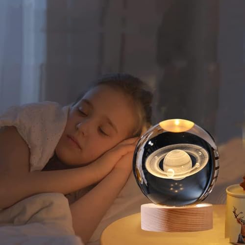 EETU Crystal Glass Ball Night Light,3D Solar System Nightlight Wooden LED Display Base Stand Home Decor Birthday Gifts Decorations Lamp Funny Table Lamp Warm Light for Kids (Saturn (planet))