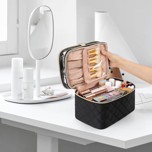 OCHEAL Makeup Bag, Portable Cosmetic Bag, Large Capacity Travel Makeup Case Organizer, Black Makeup Bags For Women Toiletry Bag for Girls Traveling With Handle and Divider