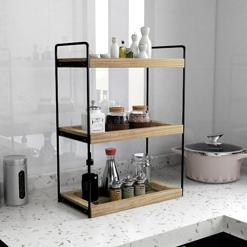 U-HOOME 3 Tier Bathroom Countertop Organizer,Wood Bathroom Vanity Organizer Shelf Storage,Bathroom Trays for Counter,Perfume Skincare Organizer Cosmetic Holder Kitchen Spice Rack (3 TIER)