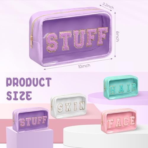 Pinkunn 4 Pcs Preppy Makeup Bags Christmas Chenille Letter Bag Face Skin Hair Stuff Cosmetic Bag Corduroy Makeup Pouch with Zipper Birthday Gifts for Women(Purple, Pink, White, Blue,Corduroy)