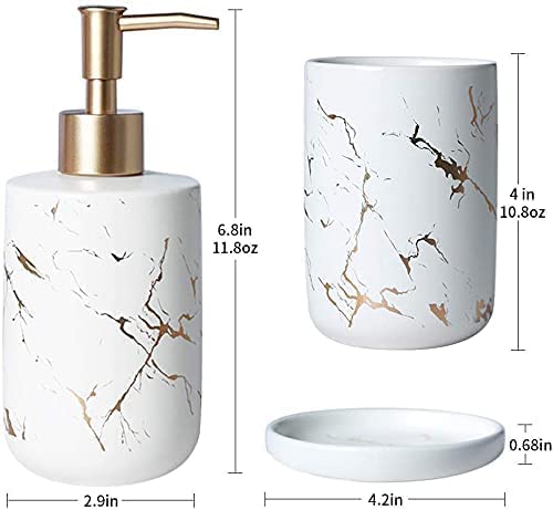 Bathroom Accessories Set, 4 Pcs Complete Marble Bathroom Accessory Modern Decoration Counter-top Organizer Toothbrush Holder Lotion Dispenser Soap Dish Tumbler. (White)