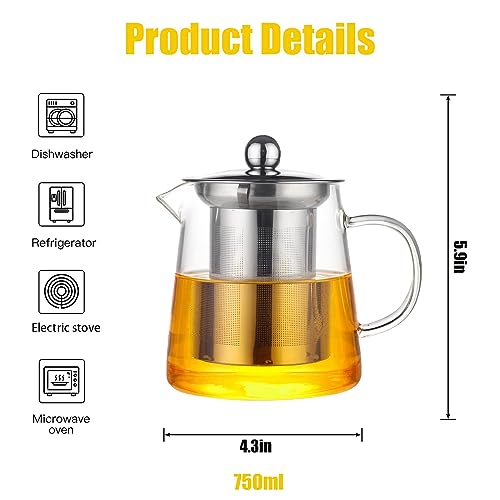 TAPIT Glass Tea Pot, Borosilicate Glass Tea Kettle for Loose Leaf Tea, Transparent Teapot with Stainless Steel Removable Infuser, Microwavable, Dishwasher and Stovetop Safe (750ml-Round)