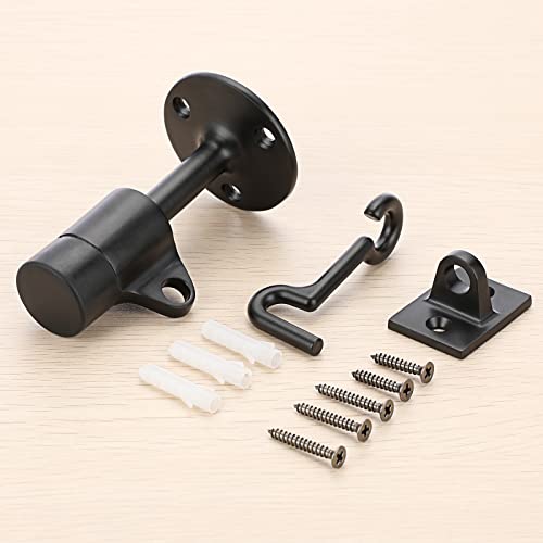 Sumnacon Sturdy Door Stopper with Hook - Stainless Steel Modern Door Stop with Rubber Buffer, Wall Mounted Metal Doorstop with Hardware for Home Office, Black