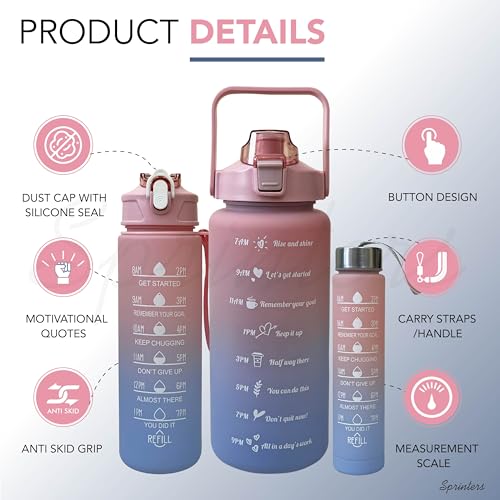 SPRINTERS - Large 2 Liters 64Oz BPA Free Multicolor Water Bottle - Leak Proof With Straw, Motivational Quote And Time Marker, Anti Slip For Sports,Fitness, Gym (Pink/Blue Pack Of 3)