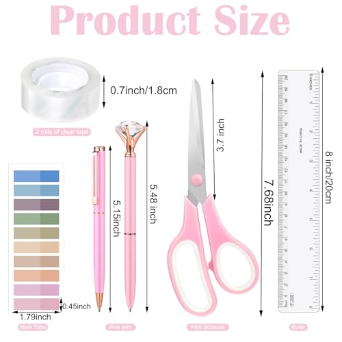 auroray 13 in 1 Pink Office Supplies, Pink Desk Accessories for Women with Stapler,Tape Dispenser,1000 Staples,Pen Holder,Staple Remover,Clips,Ruler,Scissors, Tabs,Tape,Ballpoint Pen